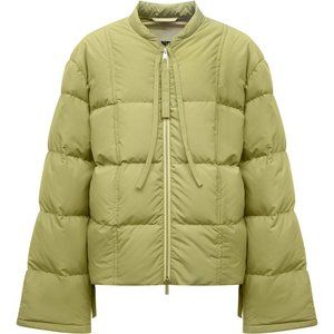 JIL SANDER Women’s Small Short Down Puffer Jacket Green Quilted Bomber Boxy Fit